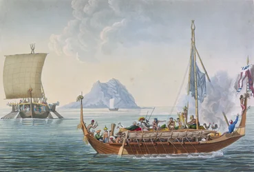 Pohled na koráby ostrova Guebe z ostrova Pisang, z "Voyage Autour du Monde sur les Corvettes de L